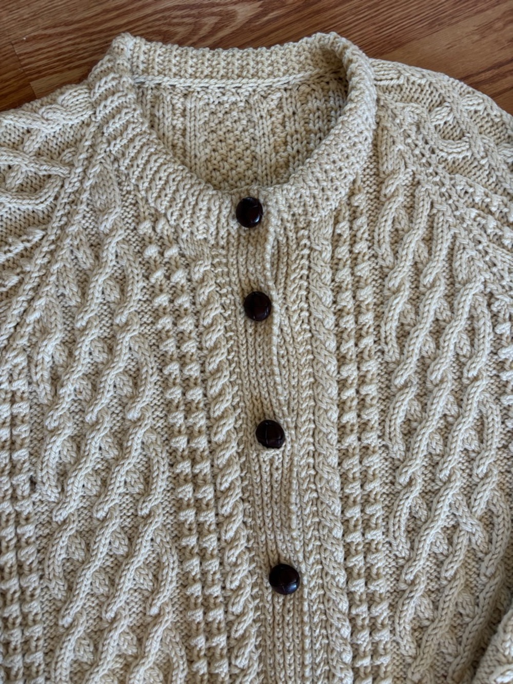 Chunky 100% Wool Cable Knit Cardigan Fisherman Cream Oversized - Picture 3 of 9